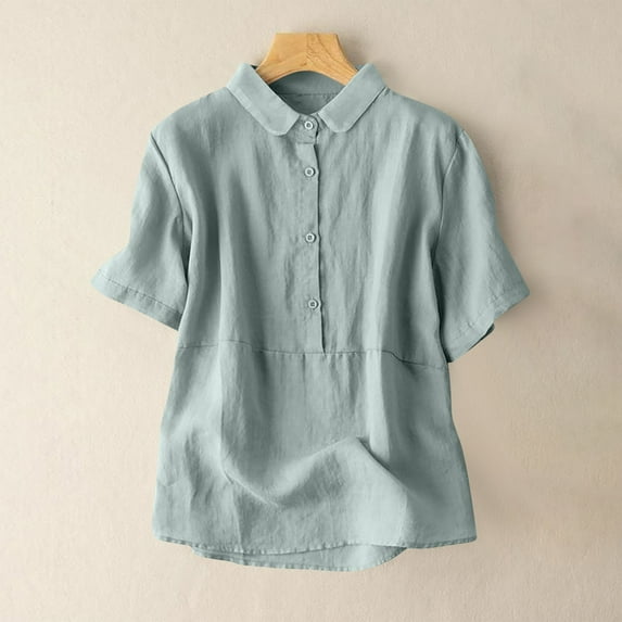 Hvot&aat Women's New Linen Tops Solid Color Lapel Button Down Short Sleeve Blouses Lightweight Summer T-shirts