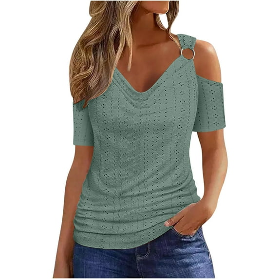 Hvot&aat Women's O-Ring Cold Shoulder Tops Hollow Out Eyelet Short Sleeve T-Shirts Casual Solid Cold Going Out Tops