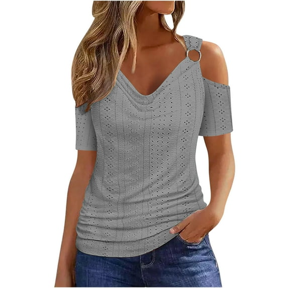 Hvot&aat Women's O-Ring Cold Shoulder Tops Hollow Out Eyelet Short Sleeve T-Shirts Casual Solid Cold Going Out Tops