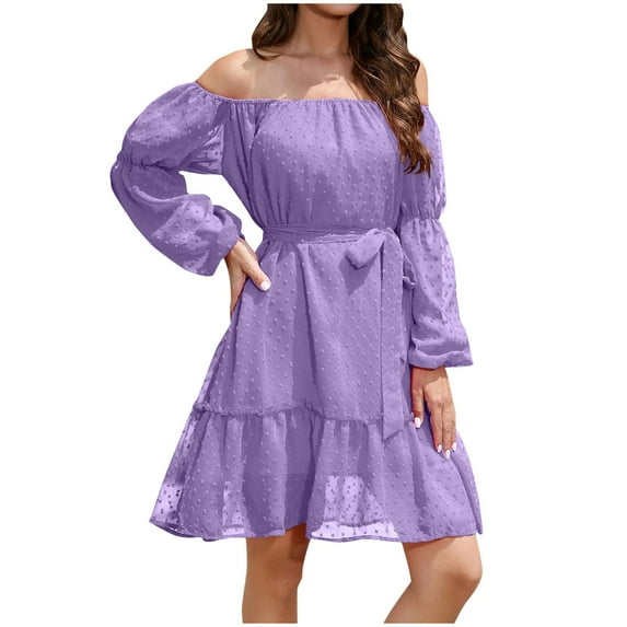 Hvot&aat Women's Off Shoulder Puff Sleeves Dots Short Dresses High Waisted Belted Flowy Ruffle Elegant Midi Dress