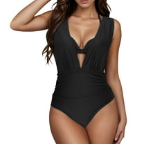 Hvot&aat Women's One Piece Swimsuit Plunging Neck Bathing Suit Solid Color Sleeveless Swimwear