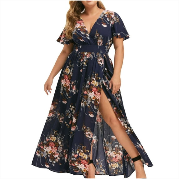 Hvot&aat Women's Oversize Sexy Deep V-Neck Beach Dresses Short Sleeve Floral Party Split Maxi Dress Flowy Sundress