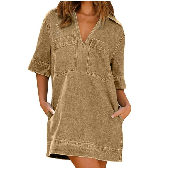 Hvot&aat Women's Oversized Vintage Denim Dress Casual Summer Short Sleeve V Neck Loose Tunic Jean Dresses with Pockets