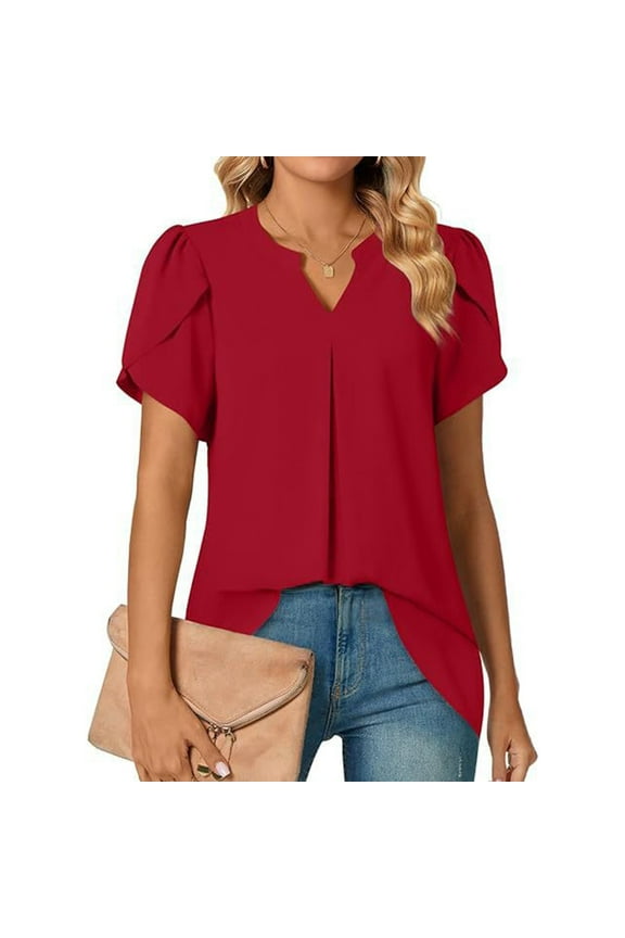 Women's Petal Sleeve Notch Neck Tops Solid Color Pleated Front Flowy Blouses Lightweight T-Shirts