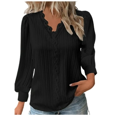Hvot&aat Women's Plus Size Eyelet Lace V Neck Tops Ruffle Puff Long Sleeve Blouses Solid Color Dressy Evening Party Tunic Shirts