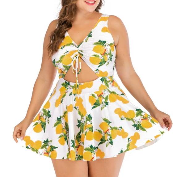 Hvot&aat Women's Plus Size One Piece Swimsuit V Neck Cutout Drawstring Tankini Flowy Hem Printing Bathing Suits