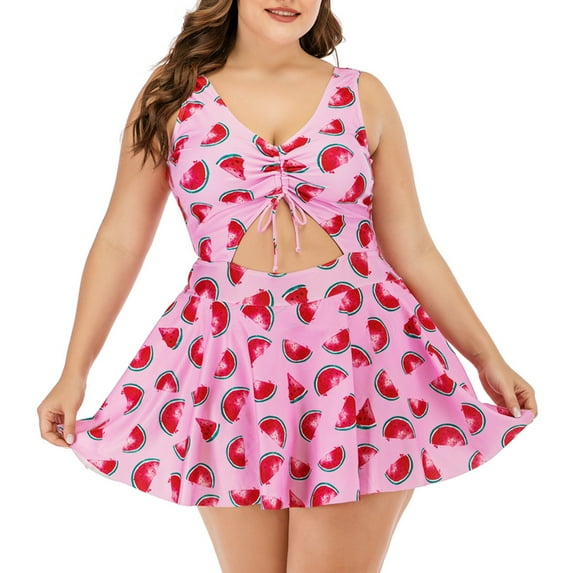 Hvot&aat Women's Plus Size One Piece Swimsuit V Neck Cutout Drawstring Tankini Flowy Hem Printing Bathing Suits