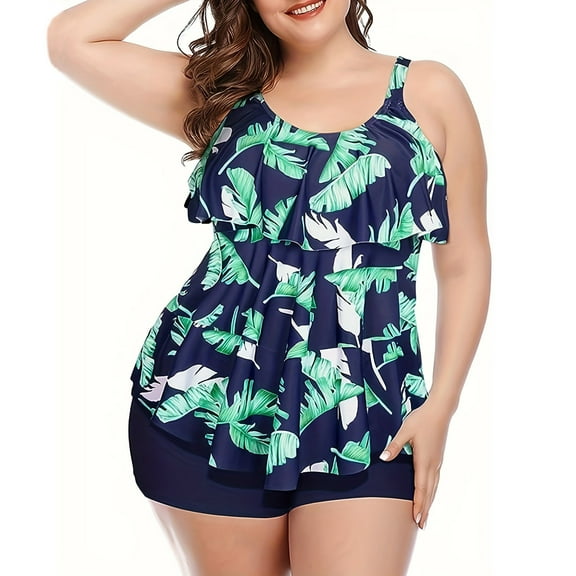 Hvot&aat Women's Plus Size Ruffle Tiered Flowy Tankini Bathing Suit Polka Dot Printed Swimsuit Swimdress with Shorts