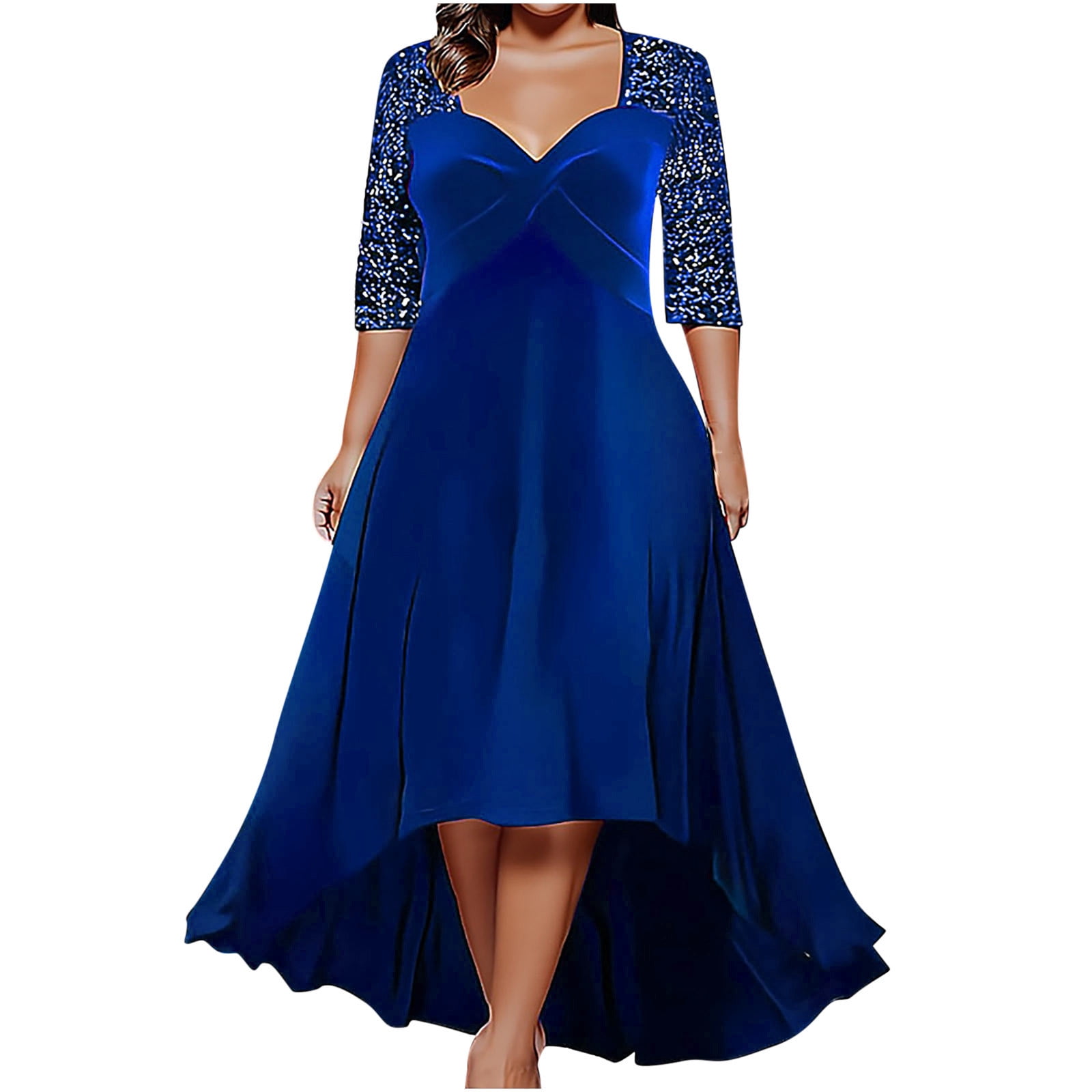 ONTINVA Women's Plus Size Party Dress – High Neck Pleated Hem Flared Sleeves A-Line Midi Dress Elegant - View #3
