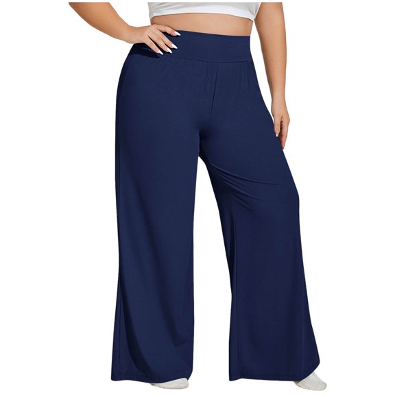 Hvot&aat Women's Plus Size Solid Color Wide Leg Pants Elastic High Waisted Loose Fit Flowy Trouser