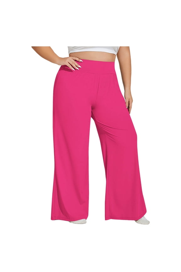 Women's Plus Size Solid Color Wide Leg Pants Elastic High Waisted Loose Fit Flowy Trouser