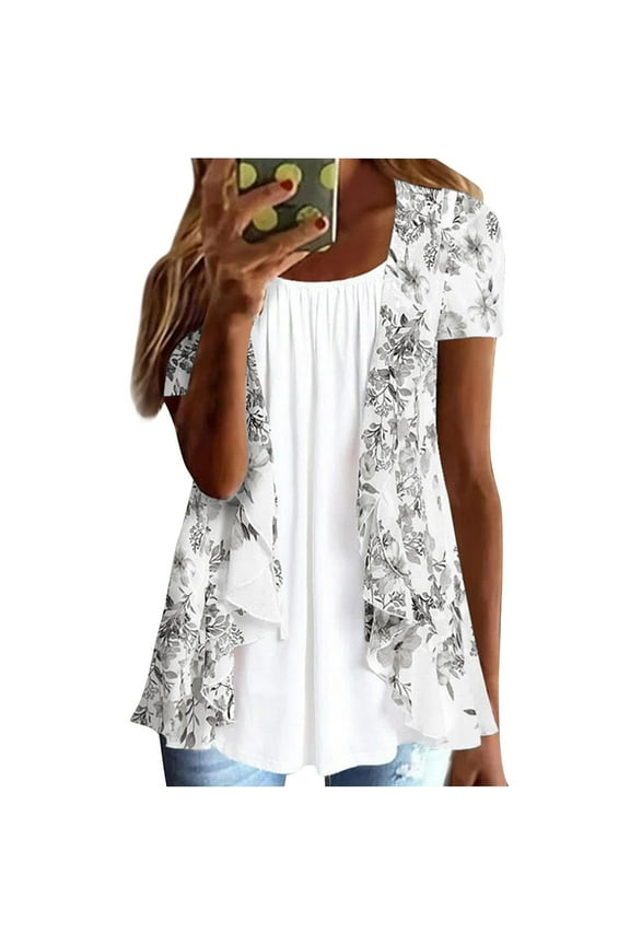 Women's Printed Fake Two Piece Flowy Tops Loose Pleated Layered Blouse Tailored Fit Lightweight Tunic