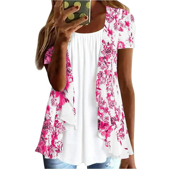Hvot&aat Women's Printed Fake Two Piece Flowy Tops Loose Pleated Layered Blouse Tailored Fit Lightweight Tunic