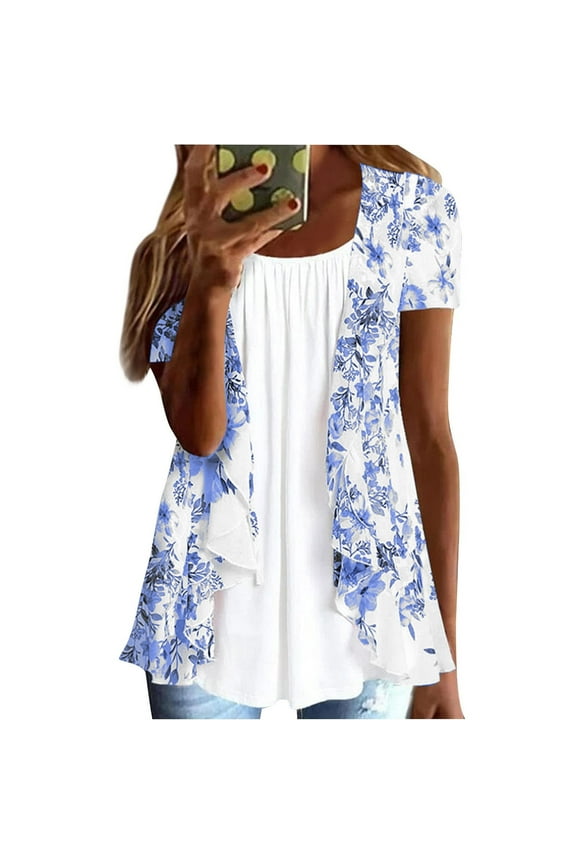 Women's Printed Fake Two Piece Flowy Tops Loose Pleated Layered Blouse Tailored Fit Lightweight Tunic