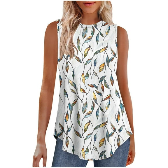 Hvot&aat Women's Printed Sleeveless Vest Summer Casual Crew Neck Flowy Pullover Loose Fit Vacation Clothing