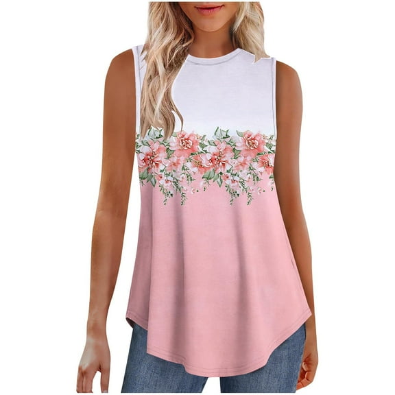 Hvot&aat Women's Printed Sleeveless Vest Summer Casual Crew Neck Flowy Pullover Loose Fit Vacation Clothing