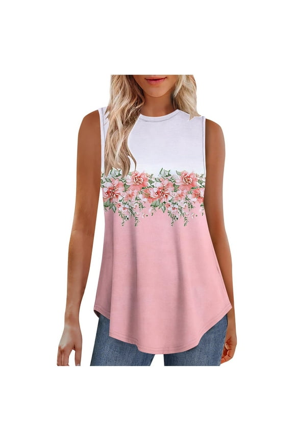 Women's Printed Sleeveless Vest Summer Casual Crew Neck Flowy Pullover Loose Fit Vacation Clothing