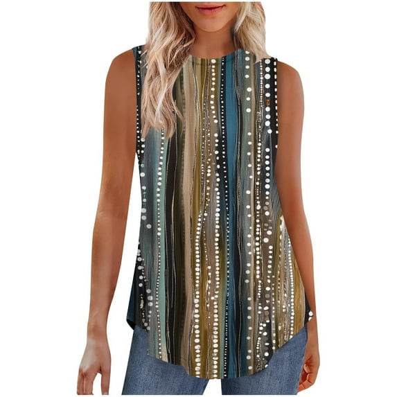 Hvot&aat Women's Printed Sleeveless Vest Summer Casual Crew Neck Flowy Pullover Loose Fit Vacation Clothing