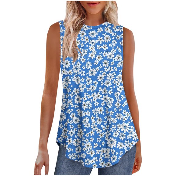 Hvot&aat Women's Printed Sleeveless Vest Summer Casual Crew Neck Flowy Pullover Loose Fit Vacation Clothing