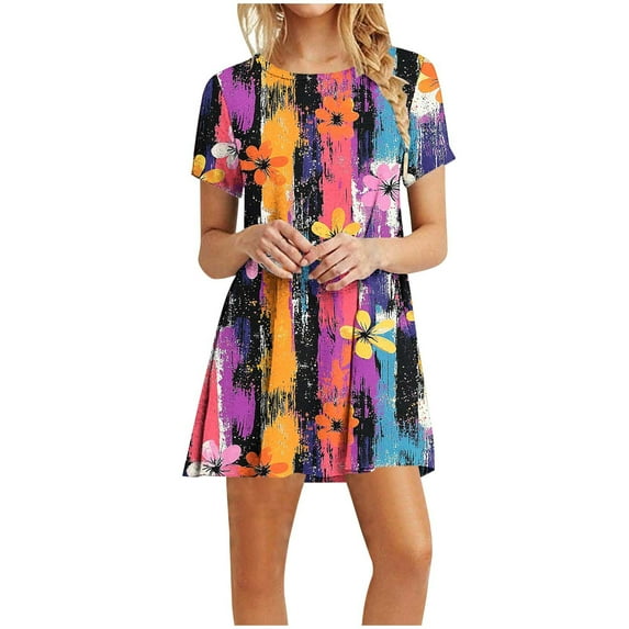 Hvot&aat Women's Printed Summer Dresses Loose Crewneck Short Sleeve T Shirt Dress Flowy Sundresses For Beach Vacation