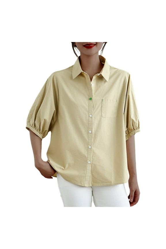 Women's Puff Sleeve Shirt Cotton And Linen Half-Sleeved Shirt Summer Loose Fit Blouse With Pocket