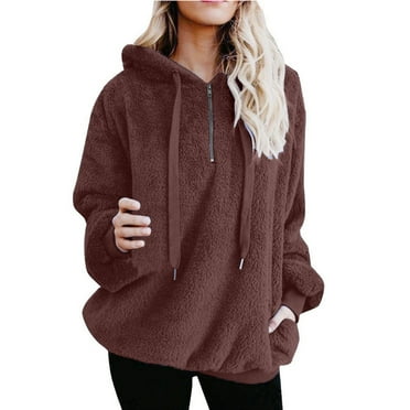 Hvot&aat Women's Quarter Zip Up Fuzzy Hoodies Sport Fluffy Sherpa Pullover Athletic Cozy Oversized Hooded Sweatshirt with Pockets
