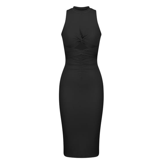 Hvot&aat Women's Ribbed Knit Midi Bodycon Dresses Sexy Twist Cuytout Front Casual Crew Neck Sleeveless Tank Top Sweater Dress