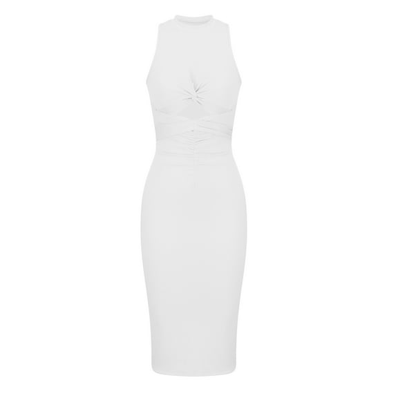 Hvot&aat Women's Ribbed Knit Midi Bodycon Dresses Sexy Twist Cuytout Front Casual Crew Neck Sleeveless Tank Top Sweater Dress