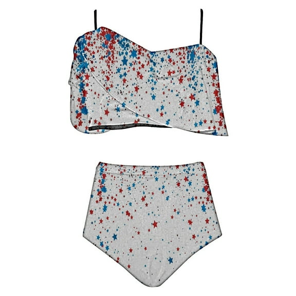 Hvot&aat Women's Ruffled Swimsuit Set High Waisted Bathing Suit Fashion 4th of July Printed 2 Piece Cute Halter Swimwear