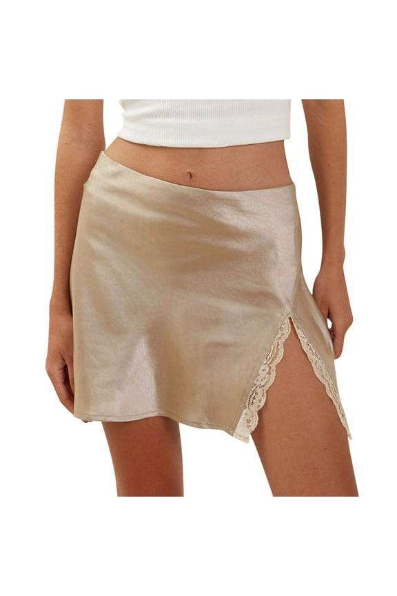 Women's Satin Silky Lace Trim Skirt Solid Color High Waist Split Skirt Smoothing Mini Skirt