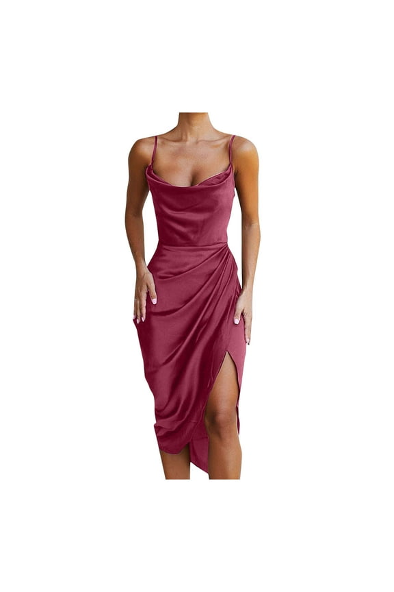 Women's Satin Spaghetti Strap Drape Cowl Neck Wrap Cami Dress Formal Wedding Guest Evening Party Cocktai Midi Dresses