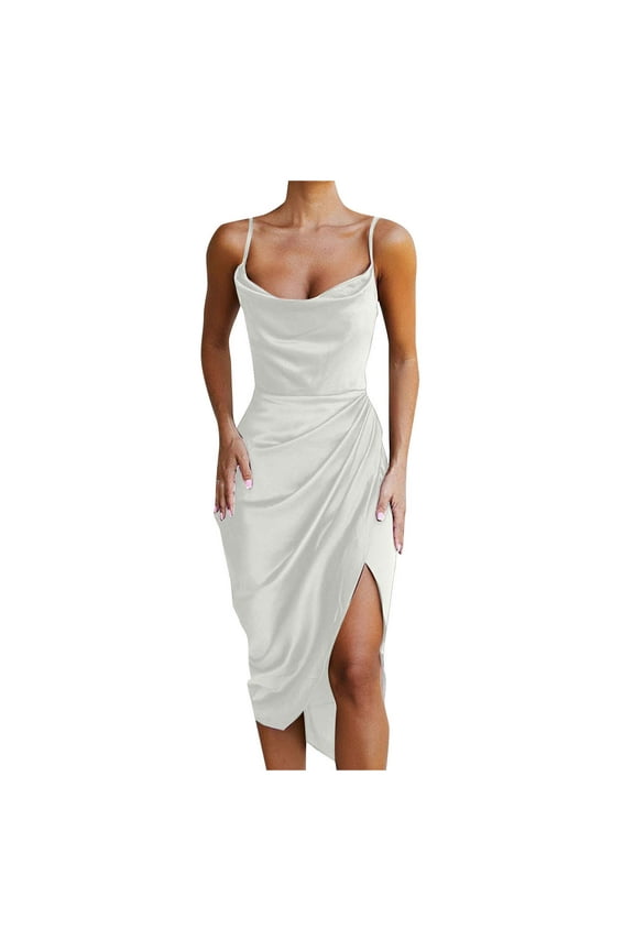 Women's Satin Spaghetti Strap Drape Cowl Neck Wrap Cami Dress Formal Wedding Guest Evening Party Cocktai Midi Dresses
