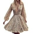 thumbnail image 1 of Hvot&aat Women's Sexy Deep V Long Sleeve Sequins Dress Mesh Casual Banquet Beach Short Dress, 1 of 6