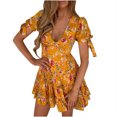 thumbnail image 1 of Hvot&aat Women's Sexy Deep V Neck Mini Dress Short Sleeve Beach Sundresses High Waist Floral Print Tiered Swing Dresses, 1 of 4