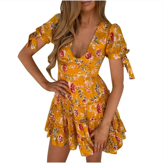 Hvot&aat Women's Sexy Deep V Neck Mini Dress Short Sleeve Beach Sundresses High Waist Floral Print Tiered Swing Dresses