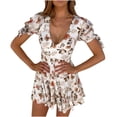 thumbnail image 1 of Hvot&aat Women's Sexy Deep V Neck Mini Dress Short Sleeve Beach Sundresses High Waist Floral Print Tiered Swing Dresses, 1 of 2