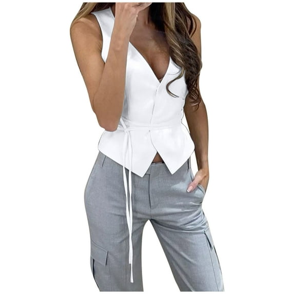 Hvot&aat Women's Sexy Deep V Neck Vest Elegant Tie Waist Sleeveless Blazers Business Casual Button Up Work Office Suit Tops