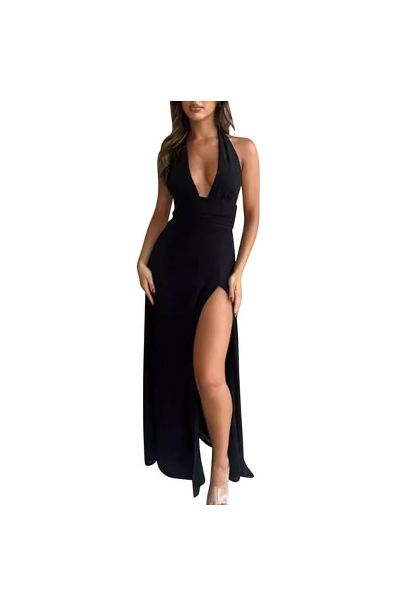 Women's Sexy Halter Dresses Deep V Neck High Slit Solid Color Maxi Dress Empire Waistband Club Party Date Night Maxi Dress