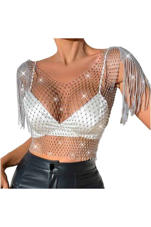 Women's Sexy Halter Sequin Crop Tops Deep V Neck Sparkly Tassels Bikini Body Chain Acrylic Tassel Bra