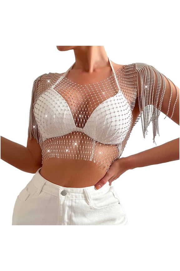 Women's Sexy Halter Sequin Crop Tops Deep V Neck Sparkly Tassels Bikini Body Chain Acrylic Tassel Bra