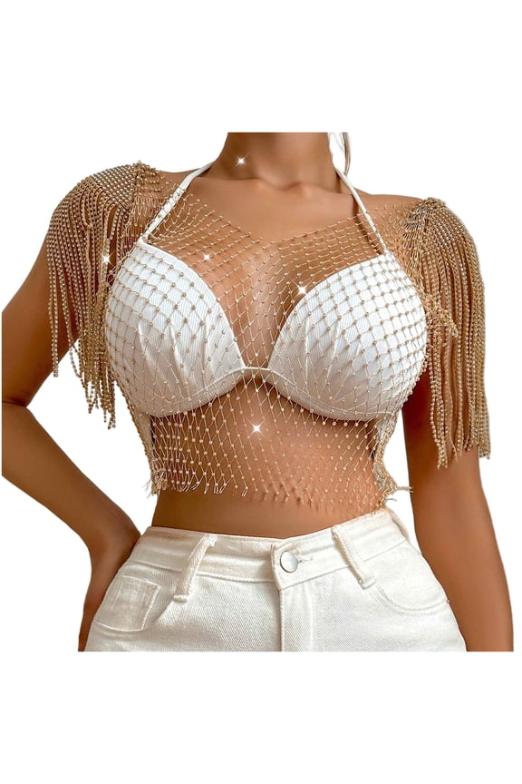 Women's Sexy Halter Sequin Crop Tops Deep V Neck Sparkly Tassels Bikini Body Chain Acrylic Tassel Bra