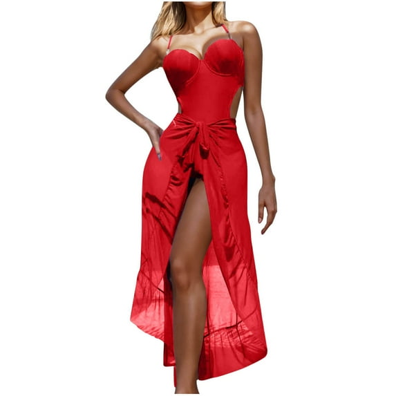 Hvot&aat Women's Sexy High Slit Bikinis Sets One Piece Swimsuit with Cover Up Wrap Summer Beachwear