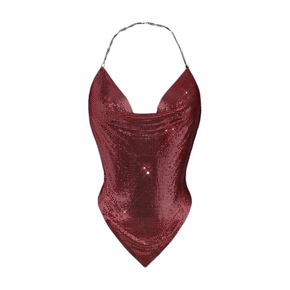 Hvot&aat Women’s Sexy Metallic Sequins Halter Deep V Neck Backless Vest Evening Party Shirt