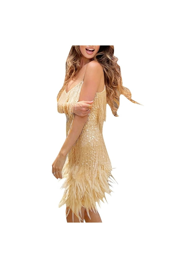 Women's Sexy Tassel Sequins Dress Spaghetti Strap Feather Hem Backless Cocktail Party Latin Dance Mini Dress