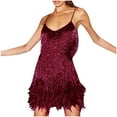 thumbnail image 1 of Hvot&aat Women's Sexy Tassel Sequins Dress Spaghetti Strap Feather Hem Backless Cocktail Party Latin Dance Mini Dress, 1 of 5