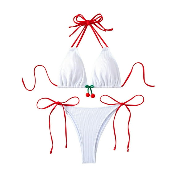 Hvot&aat Women's Sexy Triangle Halter Bikini Set Cute Cheeky Cherry Trim Tie Side Bottom Swimwear Ribbed Swimsuit