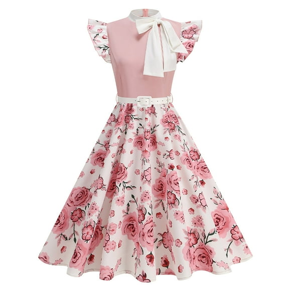 Hvot&aat Women's Sleeveless Polka Dress With Doll Collar Vintage Tie Neck Swing Dress Midi Prom Dress Pink Flowy Dresses