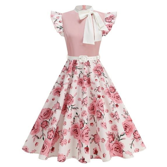 Hvot&aat Women's Sleeveless Polka Dress With Doll Collar Vintage Tie Neck Swing Dress Midi Prom Dress Pink Flowy Dresses