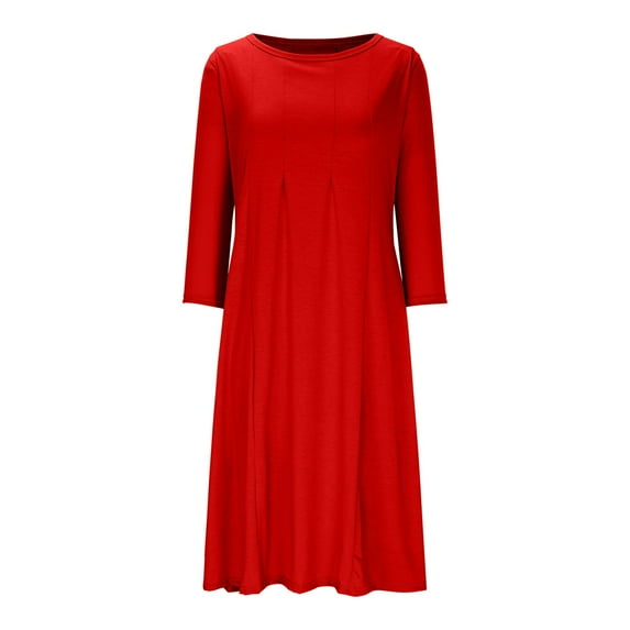 Hvot&aat Women's Slim Fit Pleated Long Dress Crew Neck 3/4 Sleeve A Line Flowy Dresses Solid Color Stretchy Versatile Dress