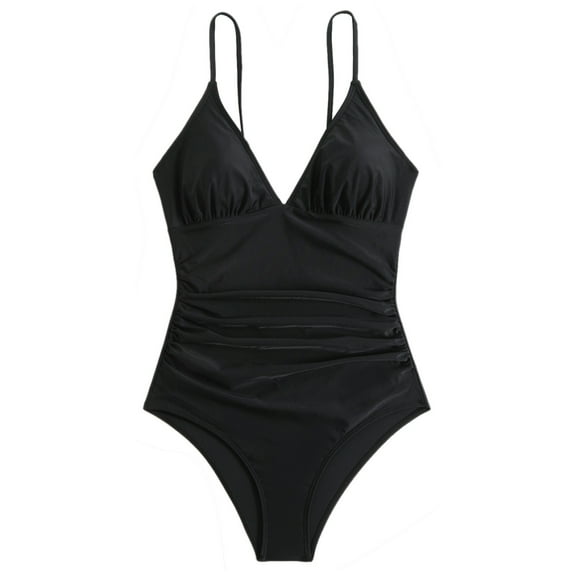 Hvot&aat Women's Solid Color Bikini Tummy Control Ruched Bathing Suits Deep V Neck Adjustable Straps One Piece Swimsuit